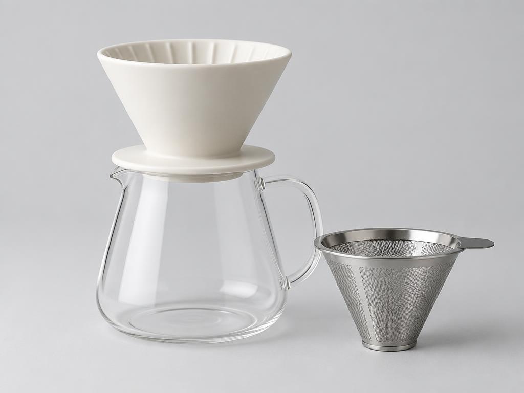 Cream ceramic pour-over cone on a glass carafe beside a steel mesh filter