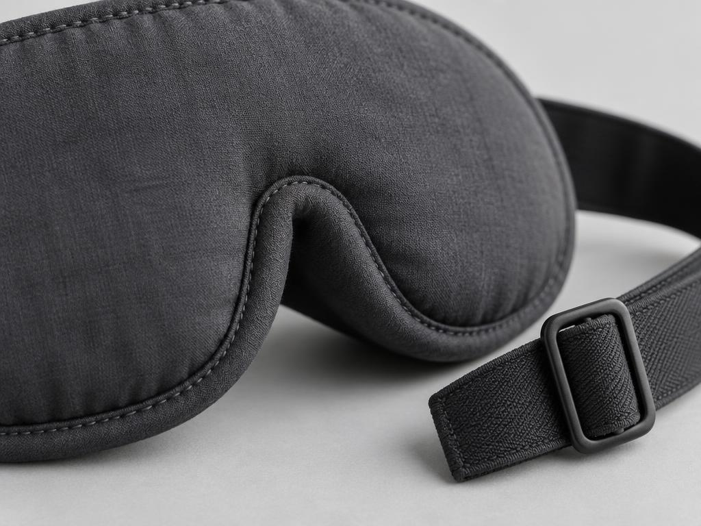 Close-up of the stitched edge and strap slider on the sleep mask